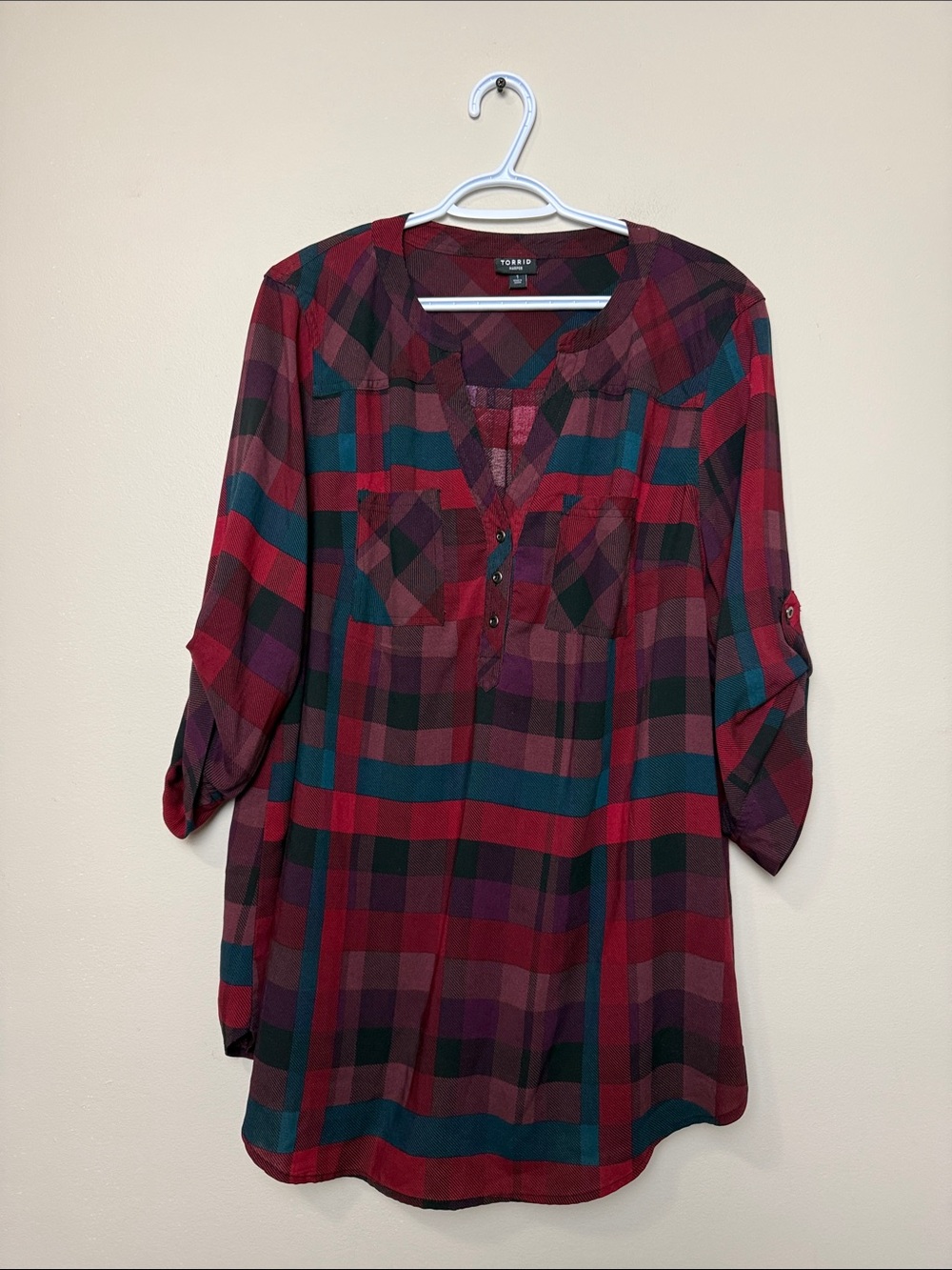 torrid Harper Red & Teal Plaid Henley Tunic size 1